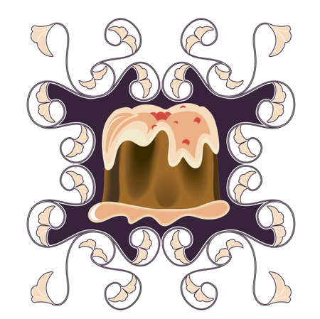 Celebratory cake covered with chocolate icing on a decorative background