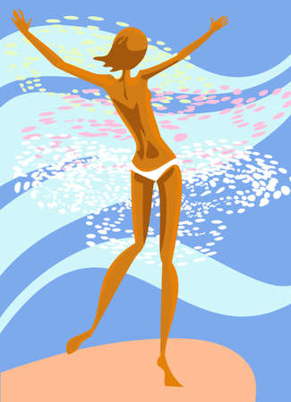 The harmonous girl enters into the sea waterのイラスト素材