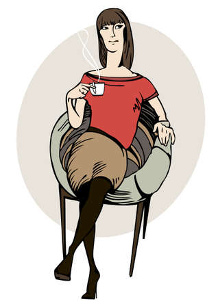 Graphic portrait of a young girl who is sitting in a chair with a cup of coffee in her hand on 
a white backgroundのイラスト素材