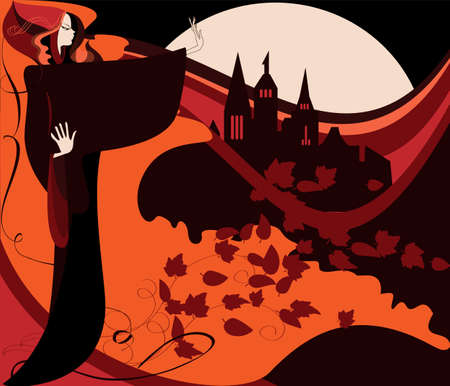 A young witch at midnight on the background of an ancient castle and a full moonのイラスト素材