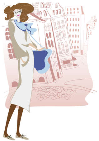 Young woman on the street of the ancient cityのイラスト素材