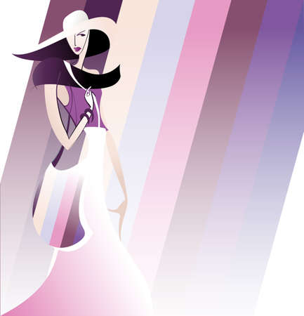 Silhouette of a girl who shows the clothes in retro style with a decorative backgroundのイラスト素材