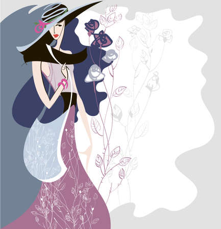 Silhouette of a girl who shows the clothes in retro style with a decorative backgroundのイラスト素材