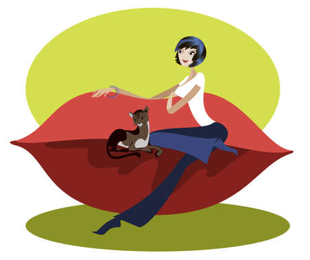 Black-haired girl sitting on a red sofa designer along with her catのイラスト素材