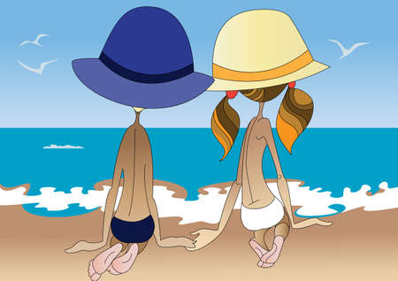 Little boy and a girl admiring the seascape on the beachのイラスト素材