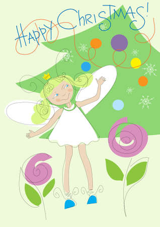 Little girl dressed as an angel standing by the Christmas treeのイラスト素材