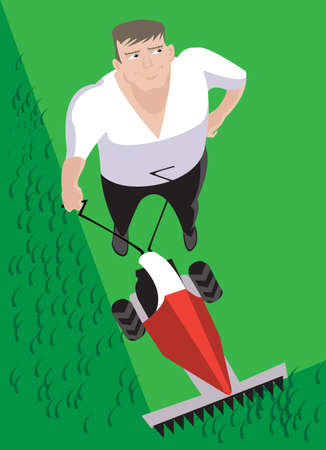 A very positive man mows the grass on the lawn in front of his 
houseのイラスト素材