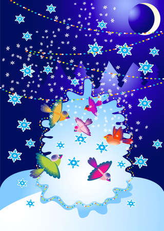 Christmas tree is decorated with flying birdsのイラスト素材