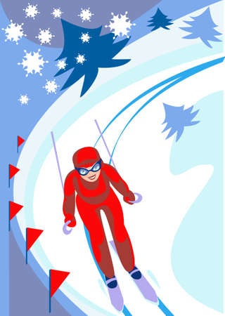 The girl - skier goes down on a slope of mountainのイラスト素材