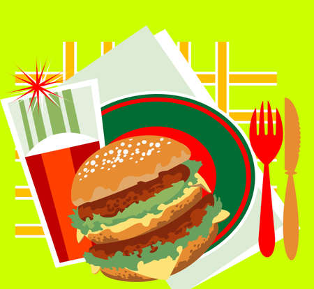 Decorative image of a great burger, a glass of juice and cutleryのイラスト素材