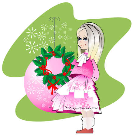 Girl in a smart pink dress on a background of decorative ball and Christmas wreathのイラスト素材