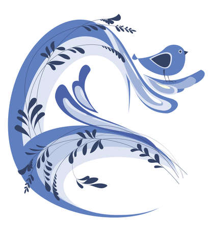 Cute blue frame design with a stylized silhouette of bird on a branchのイラスト素材