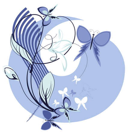 Decorative element with flowers and butterflies in a blue paletteのイラスト素材