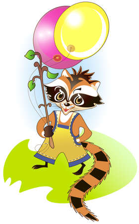 Little raccoon holding bright balloons in his handのイラスト素材