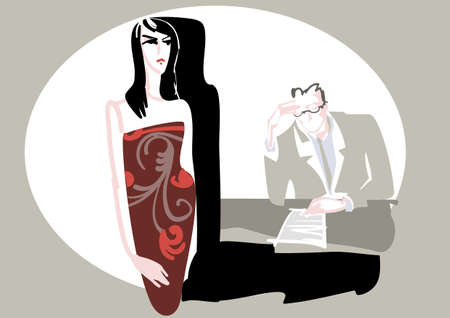 A young girl shows a model summer dress with floral printのイラスト素材