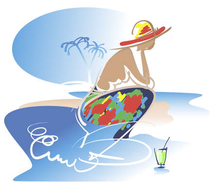 Sketch of a girl in a bright pareo on the tropical beachのイラスト素材