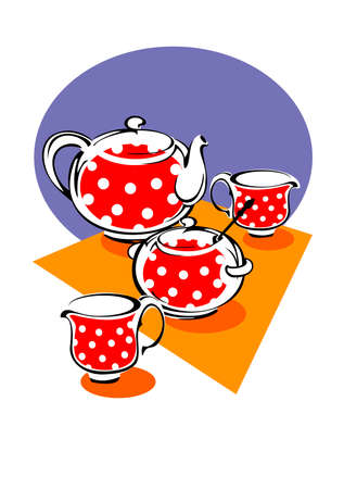 Porcelain tea service red with white polka dotsのイラスト素材