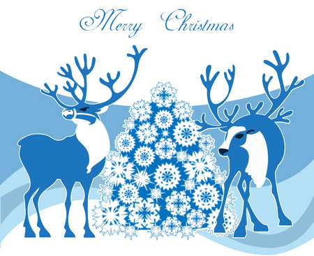 A winter Christmas scene featuring  two 
deers in the snow  with Christmas treeのイラスト素材