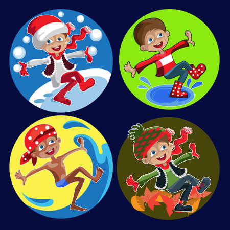Four funny image of active boys, symbolizing seasonsのイラスト素材