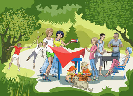A large group of friends making a barbecue on the meadowのイラスト素材