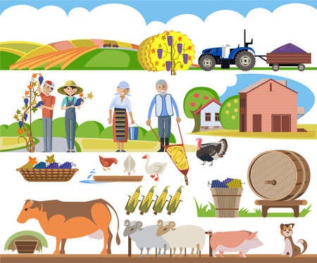 A set of agricultural elements, a peasant family performs agricultural workのイラスト素材