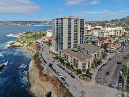 Aerial view of La Jolla Cove, small picturesque cove and beach surrounded by cliffs, San Diego, California.の写真素材