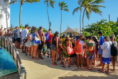 Tourists observing turtles in big tank at The Project Tamar, Praia do Forte, Brazil. 02.24.2019