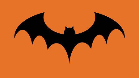 Halloween background with flying black bat silhouettes on orange background, scary halloween conceptの写真素材