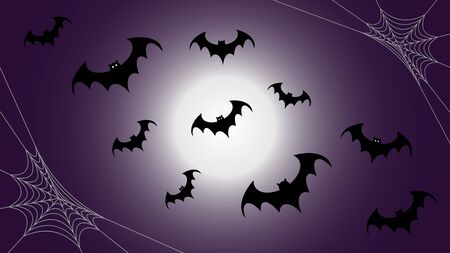 Halloween seamless pattern with flying black bat silhouettes and spider web on purple background, scary halloween conceptの写真素材