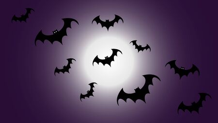 Halloween seamless pattern with flying black bat silhouettes on purple background, scary halloween conceptの写真素材