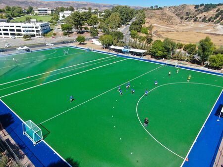 Aerial view of field hockey with players at Moorpark College. Ventura County in Southern California. USA. August, 30, 2019のeditorial素材