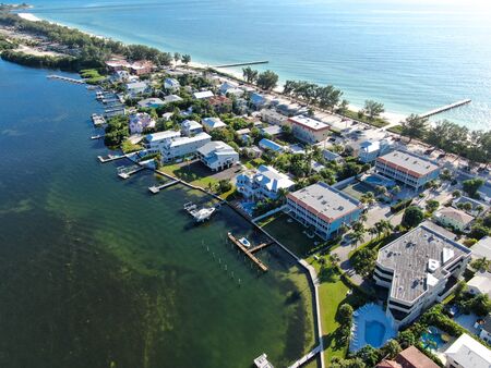 Aerial view of Anna Maria Island town and beaches, barrier island on Florida Gulf Coast. Manatee County. USAの写真素材