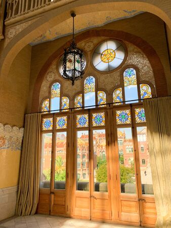 Inside Hospital Sant Pau. Hospital of St. Paul and the Holy Cross. The hospital complex was built in 1901-1930. El Ginardo area. Barcelona, Spain.のeditorial素材