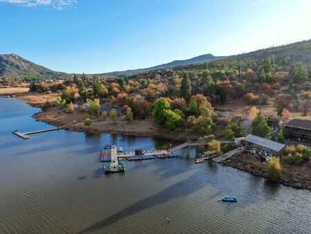 Aerial view of Lake Cuyamaca, 110 acres reservoir and a recreation area in the eastern Cuyamaca Mountains, located in eastern San Diego County, California, USAの写真素材