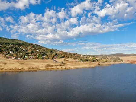 Aerial view of Lake Cuyamaca, 110 acres reservoir and a recreation area in the eastern Cuyamaca Mountains, located in eastern San Diego County, California, USAの写真素材