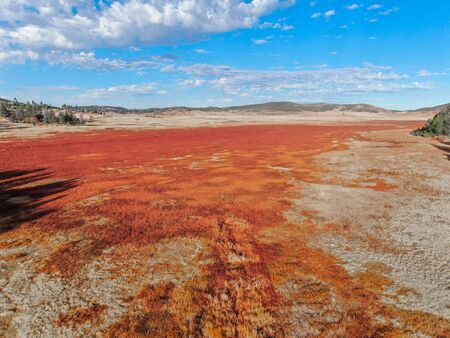 Aerial view of dry Lake Cuyamaca, 110 acres reservoir and a recreation area in the eastern Cuyamaca Mountains, located in eastern San Diego County, California, USAの写真素材