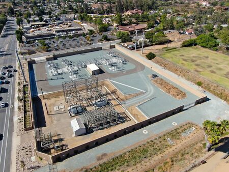 Aerial view of electric power plants. Electrical distribution substation. California