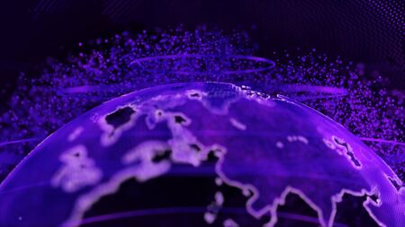 Purple 3D rendering of earth technology, business and communications background. Earth globe rotation with plexus particles around. TV newsの写真素材