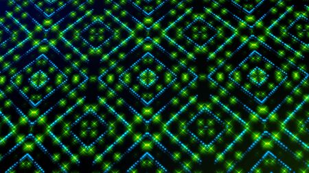 Animated light shinning green and blue dots and stars square shapes background. bright shinning colored dots and stars with 3D.の写真素材