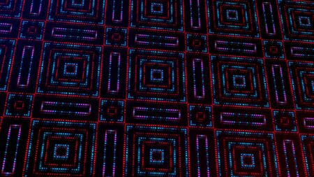 Animated light shinning red and blue dots and stars square shapes background. bright shinning colored dots and stars with 3D.の写真素材