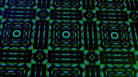 Animated light shinning green and blue dots and stars square shapes background. bright shinning colored dots and stars with 3D.の写真素材