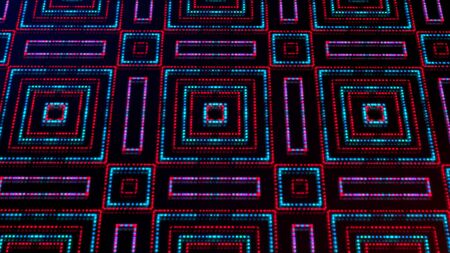 Animated light shinning red and blue dots and stars square shapes background. bright shinning colored dots and stars with 3D.の写真素材