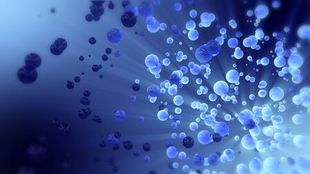 Abstract 3d rendering blue flying spheres. Flying particles in empty space. Futuristic background...