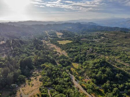 Aerial view of the verdant hills with trees in Napa Valley during summer season. Napa County, in...