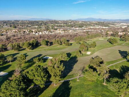 Aerial view of golf course with green field in the valley. Green turf scenery. Temecula, California,...