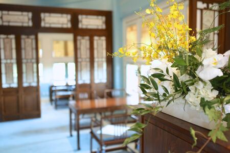 Chinese style room and traditional furniture with flower bouquet, The Forbidden City, Beijing, Chinaのeditorial素材