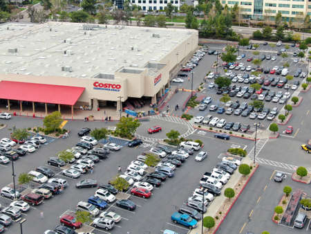Aerial view of Costco Wholesale store and parking lot in San Diego, USA. March 20th, 2020
