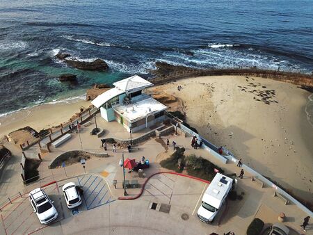 Aerial view of La Jolla Cove, small picturesque cove and beach surrounded by cliffs, San Diego, California. Protected marine reserve, popular with snorkelers and swimmers. Travel destination.の写真素材