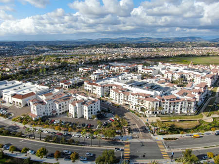 Aerial view of typical small town shopping center with parking . Carmel Valley, San Diego, California, USA. March 28th, 2020のeditorial素材