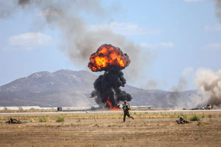 Demonstration by US Army Air Force with helicopter and explosion at air show festival in Miramar, San Diego, California, USA. September 29, 2019のeditorial素材